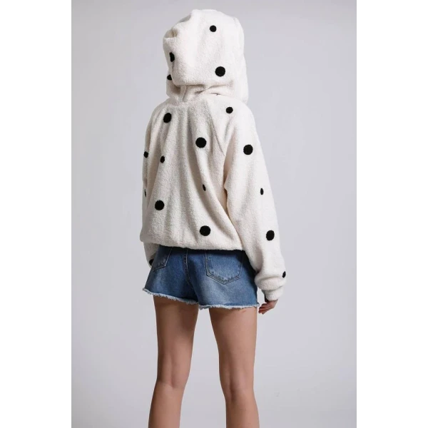 women's soft polka dot imported satin lined casual hooded zippered oversize coat