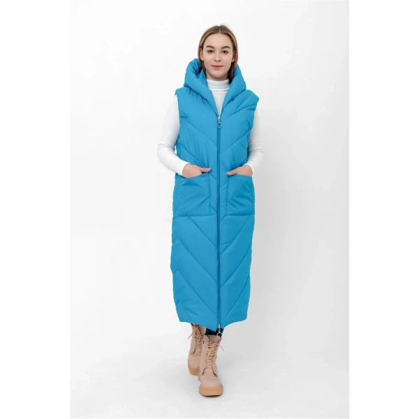 women's long hooded pocket puffer coat vest