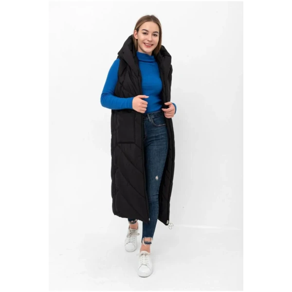 women's long hooded pocket puffer coat vest